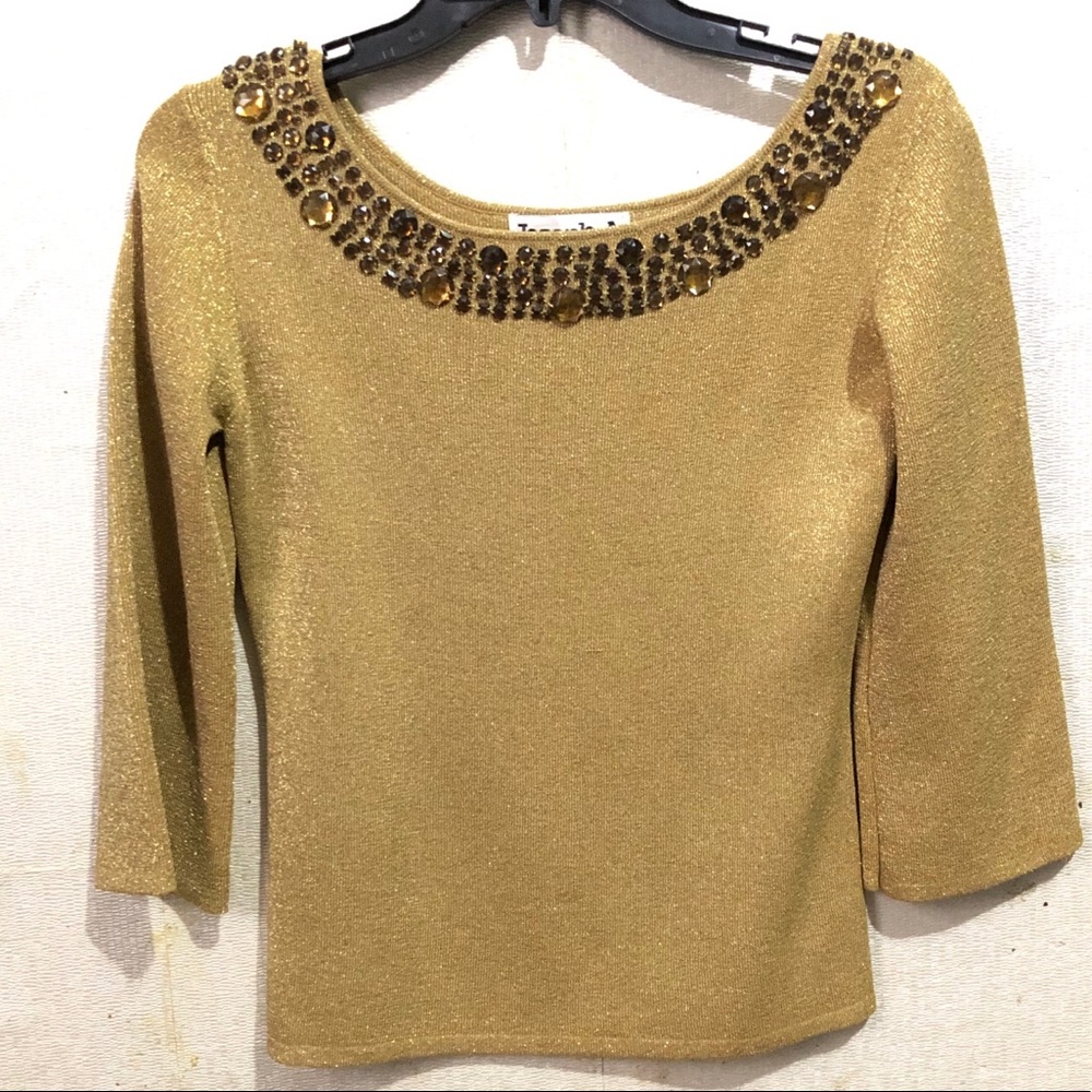 Joseph A. Sweater TOP S Gold Metallic JEWELED